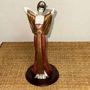 Vintage 1920s 10”Lady Staute Resin Wood Base Art Deco Hand Painted Gatsby Era